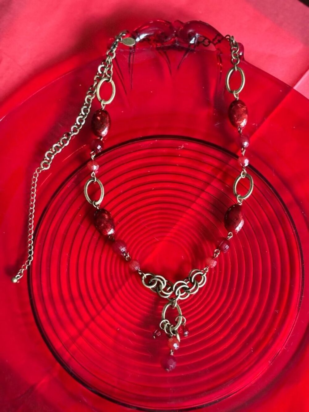 Premier Designs Vintage Brass Crimson Red Beaded Y-Necklace Tassel Pendant 26"